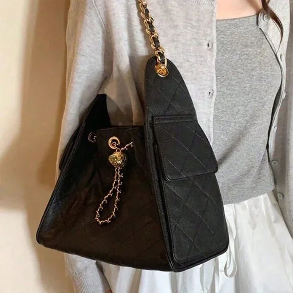 Black Elegant Women Portable Bucket Shoulder Bag - Picture 4 of 8